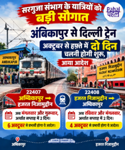 अंबिकापुर से दिल्ली ट्रेन अक्टूबर से हफ्ते में दो दिन चलेगी।अंबिकापुर से मंगलवार और गुरुवार जबकि निजामुद्दीन स्टेशन से रविवार और मंगलवार को चलेगी।आदेश की कॉपी पहल पर।